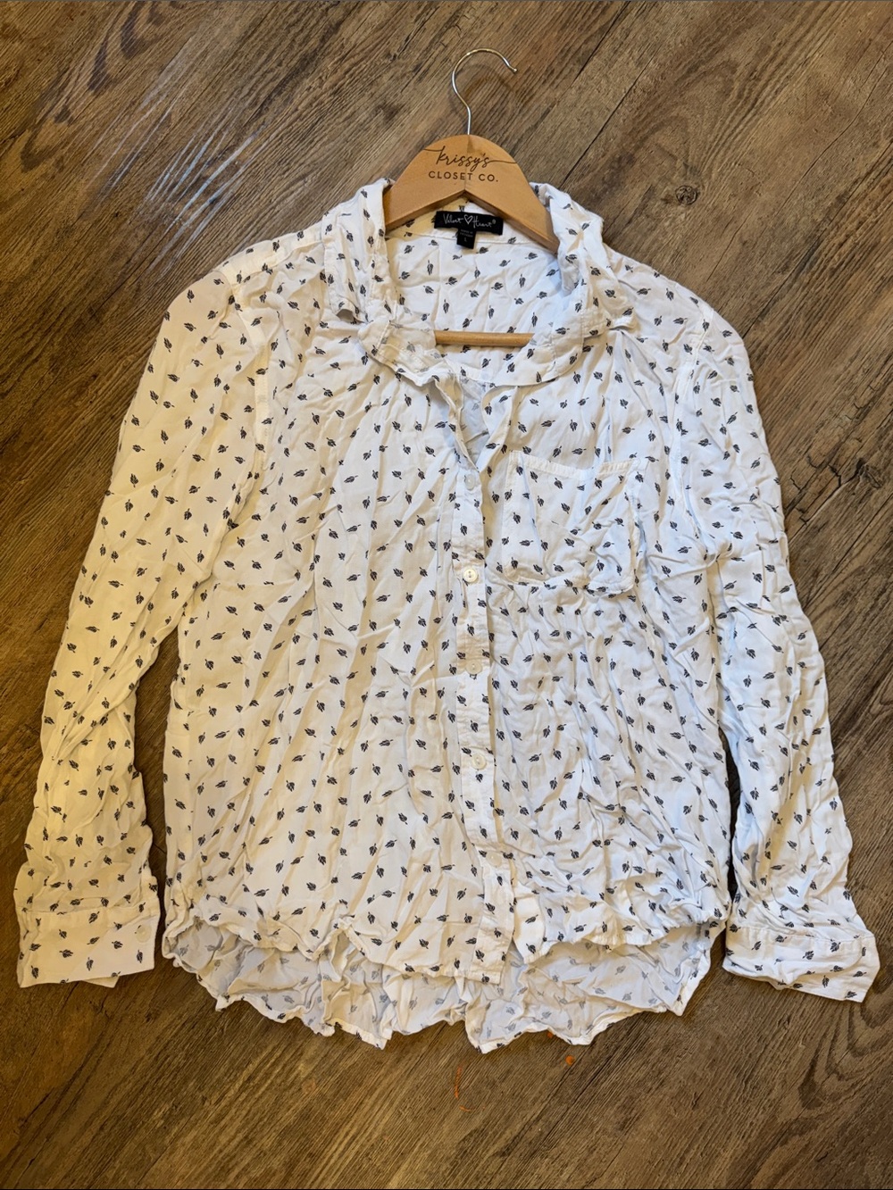 Velvet Heart White Button-Down Blouse with Navy Dot Print
